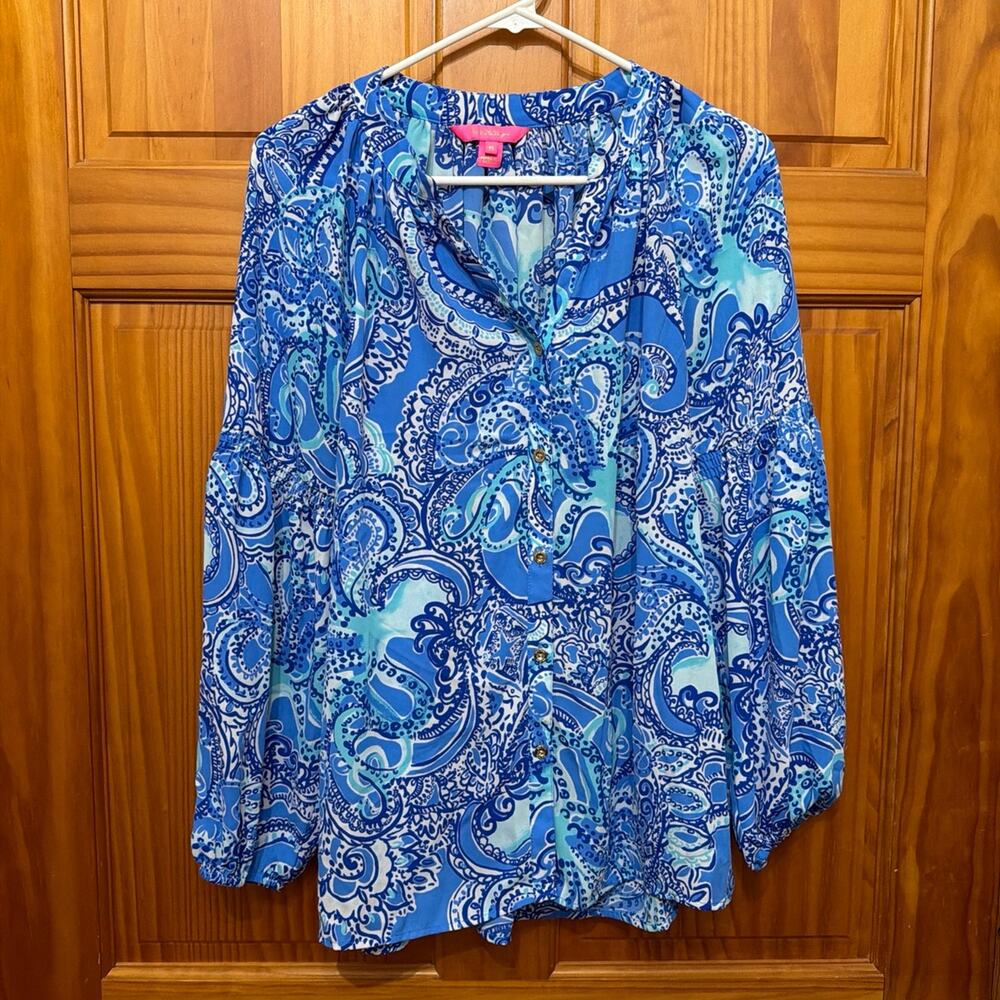 Lilly Pulitzer Blue Paisley Print Long Sleeve Blouse Top